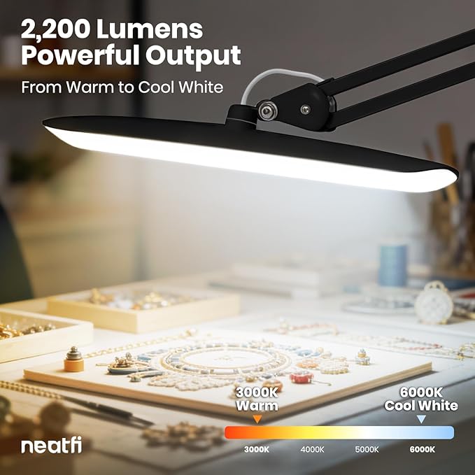 Neatfi XL Nail Desk Lamp with Clamp, 2200 Lumens, 20-Inch Wide Head, Dimmable 4 Levels, 3 Color Modes 3000K–6000K, LED Task Light for Manicure Table, Crafts, Workbench, Office (CCT, Black)