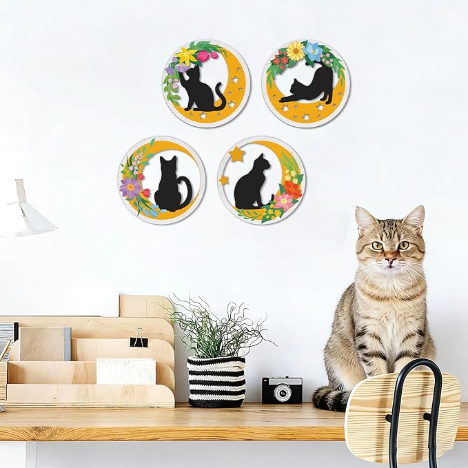TOARTi 4PCS Boho Cat Moon Wall Decor,Colorful Floral Cats Wooden Wall Art,Black Cats Flower Hanging Sign,Farmhouse Minimalist Geometric Botanical Kitten Artwork for Bedroom Home,Cat Lovers Gifts