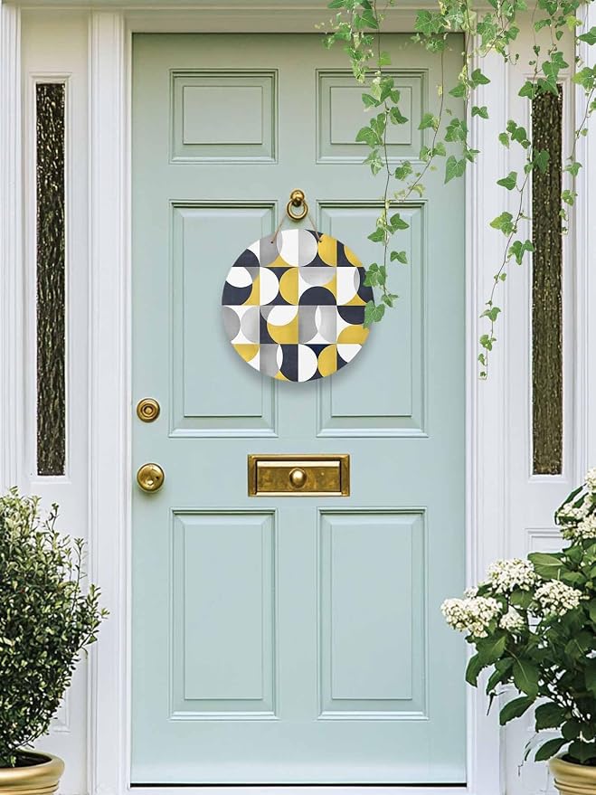 Welcome Sign for Front Door Mid Century Geometric Wood Door Hanger for Outdoor Outside Porch,10 Inch Round Wooden Wreath Indoor Wall Hanging Decoration, Abstract Modern Yellow