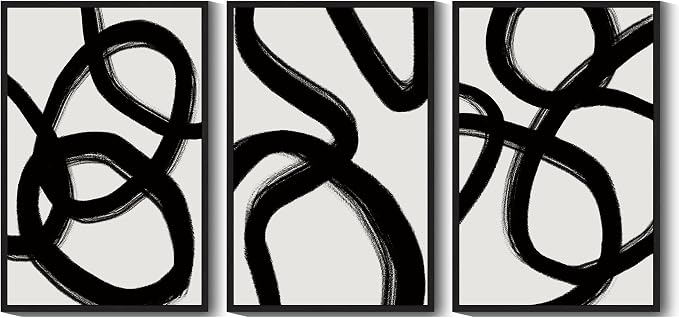 Drsoum Large 24x36in Black and Gray Abstract Framed Wall Art Decor Duotone Minimal Dark Brush Stroke Prints Shapes Illustrations Modern Art Decorative Ready To Hang - Black Framed
