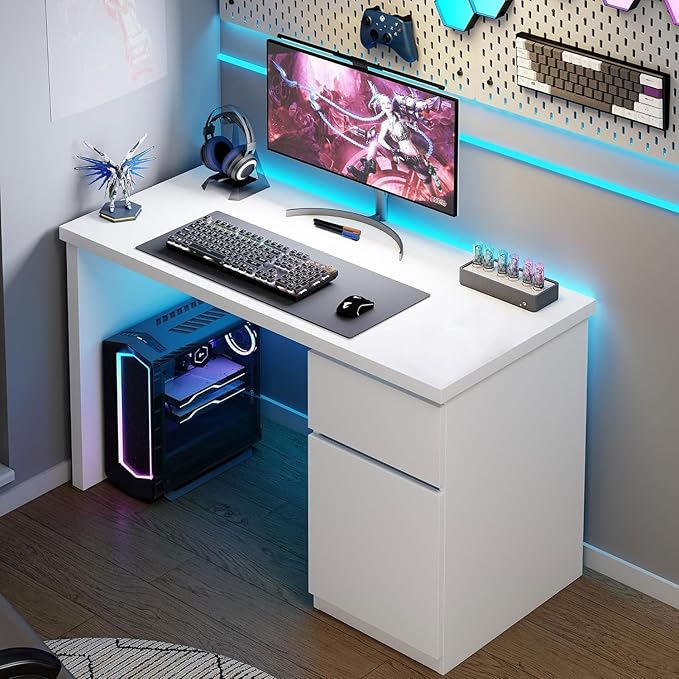 furtble White Desk with Drawers, 47 Inch Small Cute Desk for Bedroom, Home Office PC Desks Workstation Study Table Desks with Storage, White