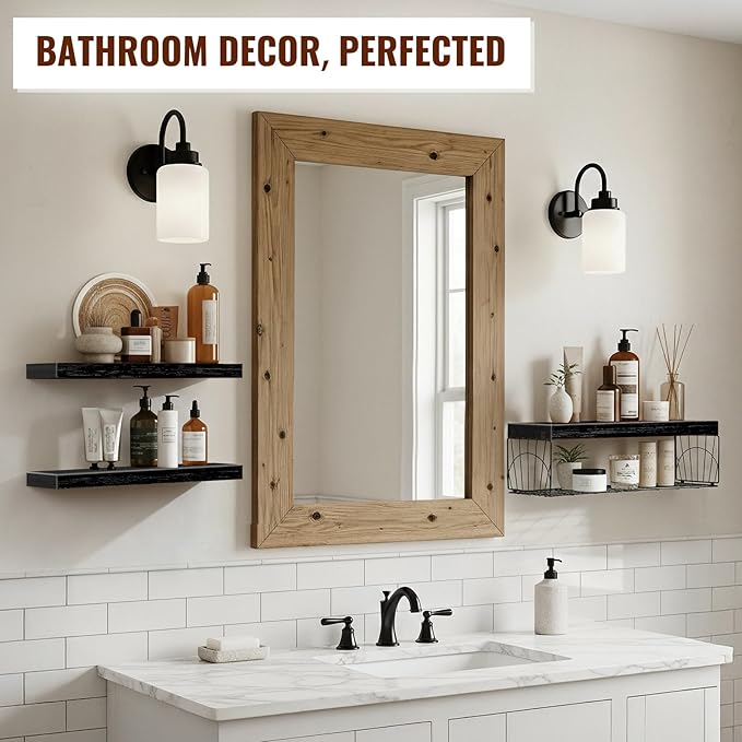 3 Pack Bathroom Shelves 24 inches Long Over Toilet, Wall Mounted Rustic Wood Floating Shelves for Bathroom, Toilet Paper Storage, Small Farmhouse Decor Hanging Shelf for Living Room, Kitchen, Black