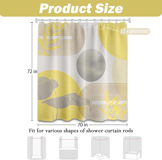 Mustard Yellow and Grey Shower Curtain Light Yellow and Gray White Shower Curtains for Bathroom Decor Abstract MCM Bath Curtain Set, Waterproof Fabric with Hooks 70 x 72 Inch