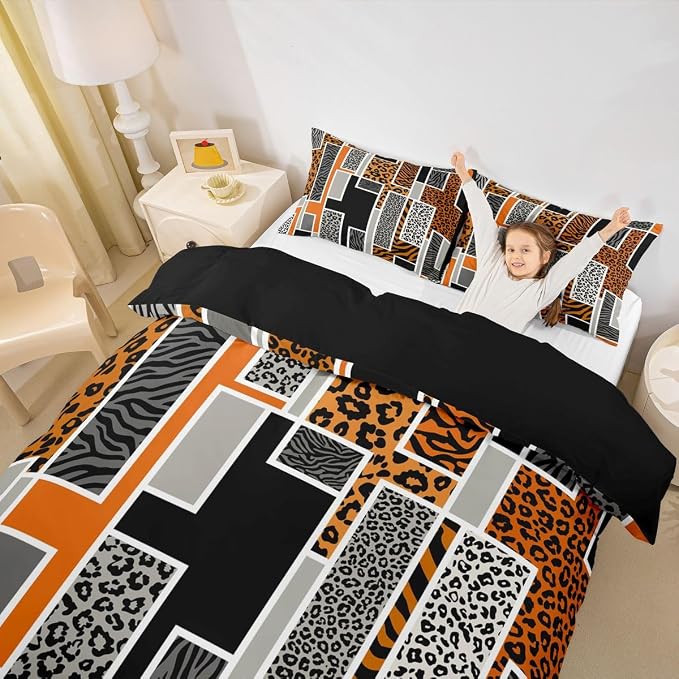 Erosebridal Leopard Print Bedding Set King Cheetah Zebra Stripes Fur Print Duvet Cover Orange Geometric Square Patchwork Comforter Cover for Kids Teen Adults,Rustic Wild Animals Skin Texture Bed Set