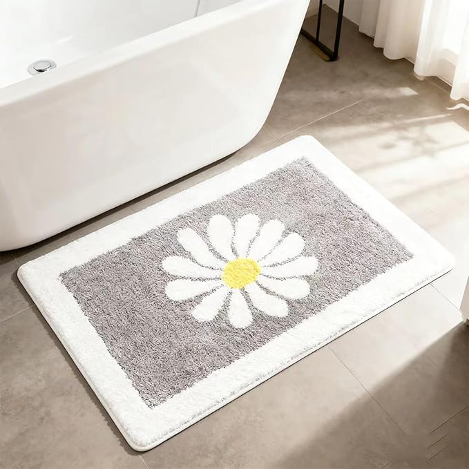 Hi Space Bathroom Rugs 31.5x19.7IN Grey Bath Mat for Bathroom Non Slip Machine Washable Soft Microfiber Absorbent Cute Daisy Floral Bath Rug Plush for Tub Shower Sink Fluffy Home Decor Accessories
