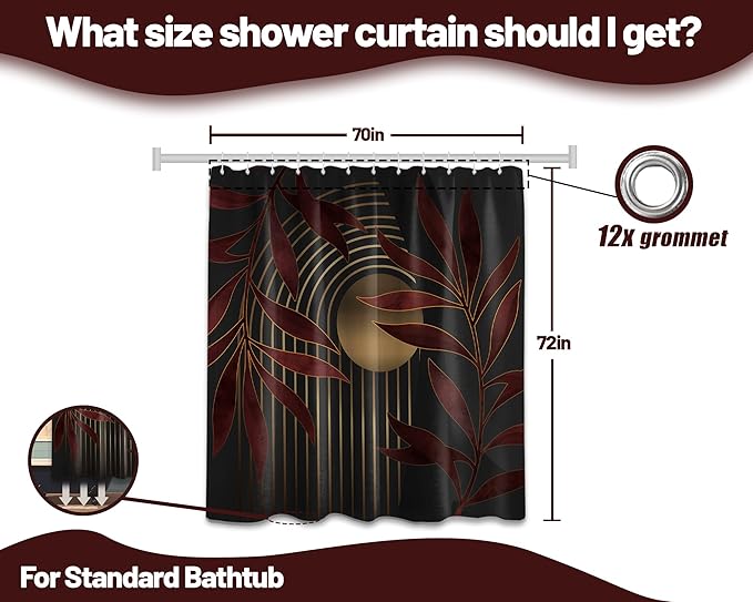 Boho Dark Red Shower Curtain, Mid Century Modern Gold Maroon Burgundy Shower Curtains for Bathroom, Waterproof Fabric Set with Hooks, 70x72 inches