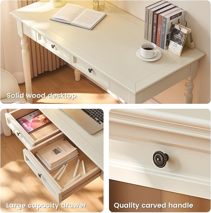 White Writing Desks with Drawers, 47" Solid Wood French Country Style Computer Desk for Home Office, Living Room Study or Workspace