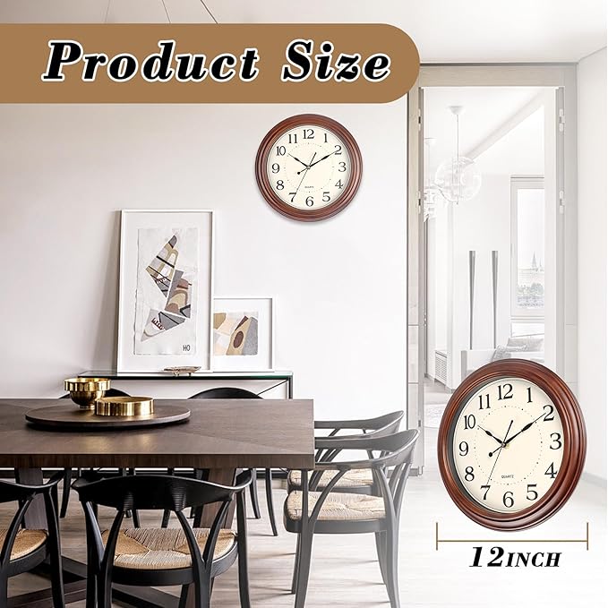 12 Inch Wood Wall Clock, Retro Wooden Wall Clocks Battery Operated, Silent Wall Clock for Living Room Bedroom Housewarming Xmas New Year Present