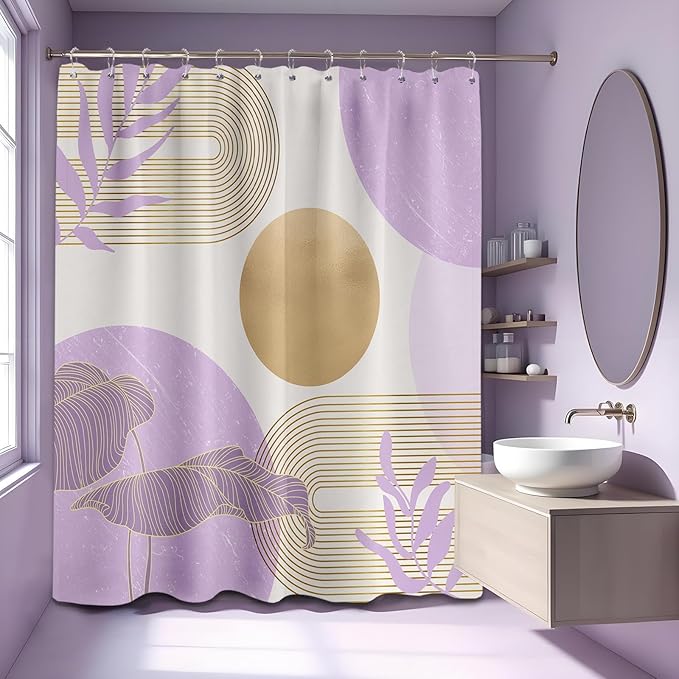 Purple Shower Curtain Lavender Light Purple and Gold Shower Curtains for Bathroom Decor MCM Bath Curtain Set, Waterproof Fabric with Hooks 70 x 84 Inch