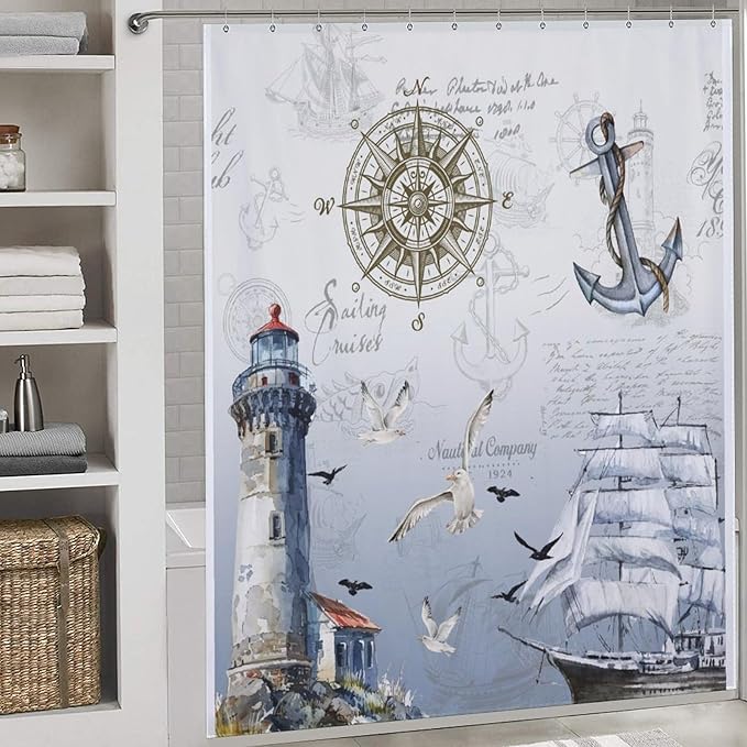 Nautical Shower Curtain,Coastal Lighthouse Compass Anchor Sailboat Bathroom Decor Fabric Waterproof Bathroom Curtain with Hooks,72x72Inch