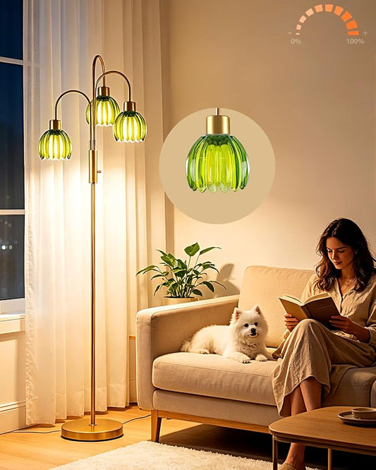 3-Light Glass Floor Lamp, 70" Gold Dimmable Standing Tall Lamp with Green Ribbed Glass Shades &3PCS 3000K Warm White Bulbs, Modern Tree Pole Lamp for Living Room Bedroom Home Office Corner Decor