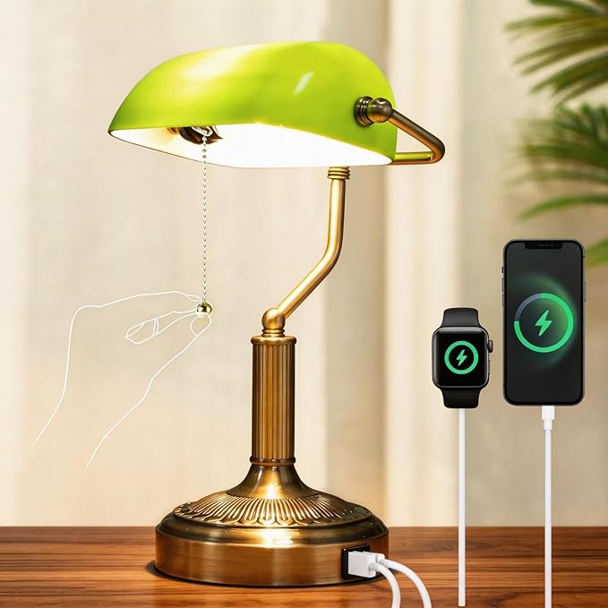Vintage Bankers Lamp, Green Glass with Antique Brass Finish, USB & Type-C Charging Ports, Pull Chain Desk Lamp for Home Office, Piano, Library (Green)