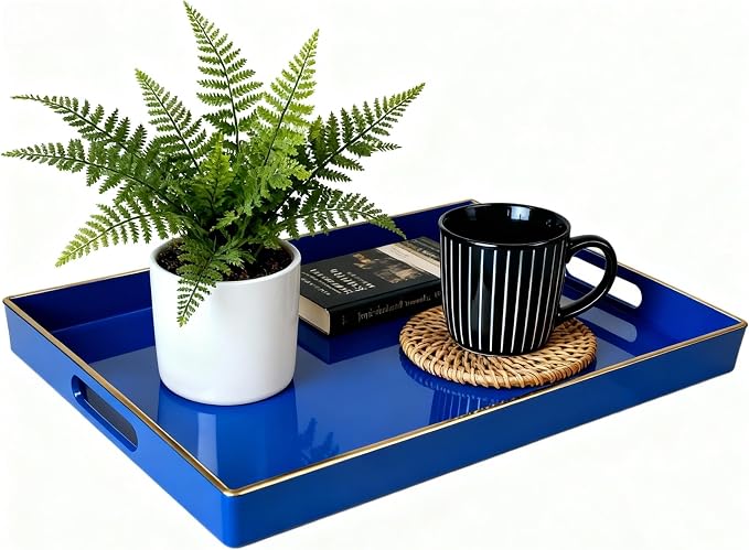 Decorative Tray, Rectangular Plastic Tray with Handles, Modern Vanity Tray and Serving Tray for Bathroom, Kitchen, Ottoman and Coffee Table, 15.6” x 10.2” (Drak Blue)