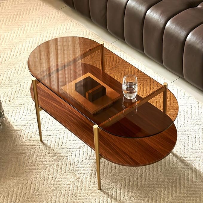 AGV LIGHTING Oval Rectangle Coffee Table with Amber Brown Glass Top, Mid-Century Modern Coffee Table, Walnut Wood Shelf and Gold Metal Legs, Capsule Shape 2 Tier Coffee Table for Living Room, 42 Inch
