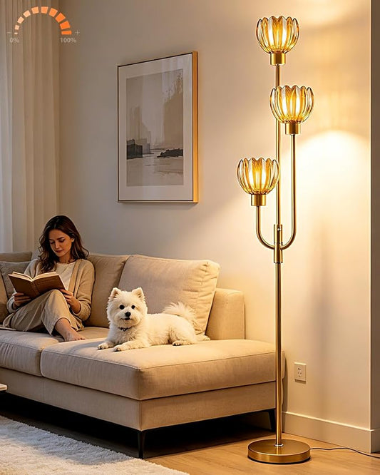 Lightdot 3-Lights Modern Glass Floor Lamp Gold Dimmable Floor Lamps with 3000K Warm White Bulbs for Wedding Party 66IN Tall Standing Lamp with Amber Glass Shade for Living Room/Bedroom/Home Decor