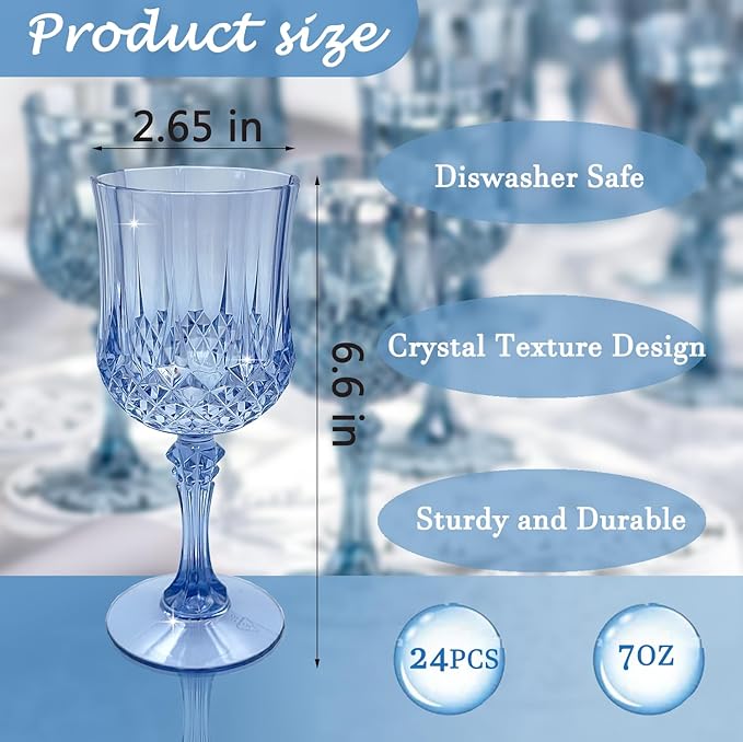 Plastic Wine Glasses, Plastic Goblets Vintage Style Cordial Drinking Glasses for Valentine’s Day, Wedding Reception, Grand Event Party Supplies (24, Blue)