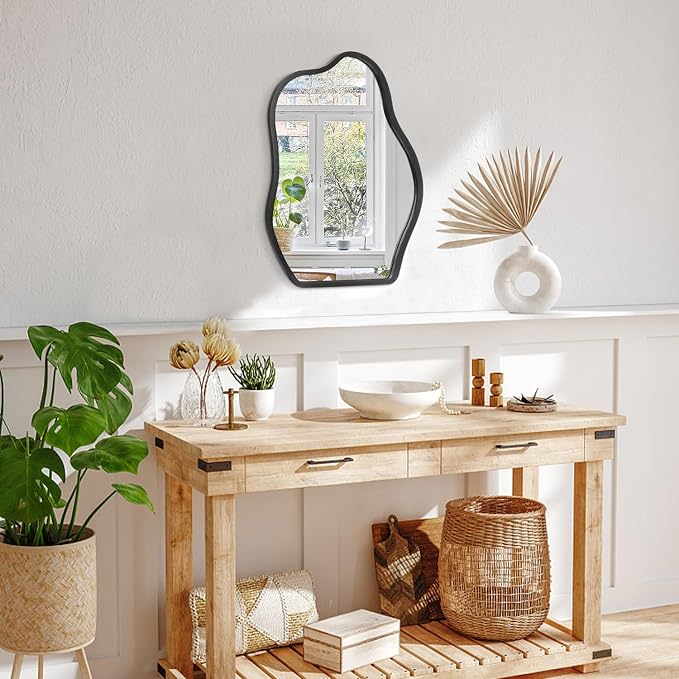 Irregular Asymmetrical Mirror Small Wooden Framed Wall Mirror Modern Cloud Hanging Artistic Mirror Decor for Bathroom Vanity Bedroom Living Room Entryway Hallway 16"x12"