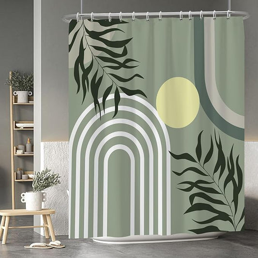 Baocicoo Green Minimalism Boho Shower Curtain Mid Century Abstract Sun Shower Curtain for Bathroom Modern Hostel Hotel Durable Polyester Waterproof Curtain for Bathroom with Hooks 72x84 Inches