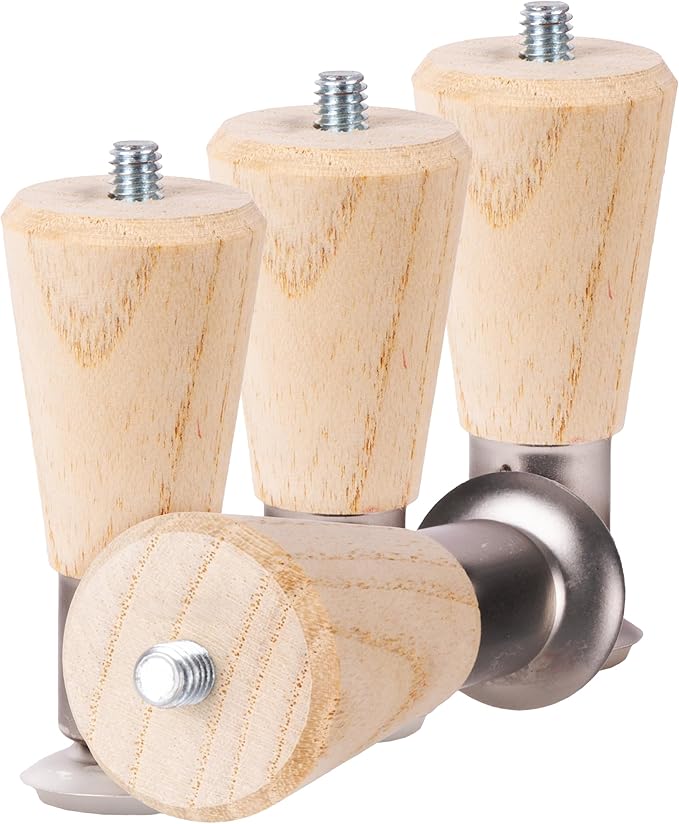 Waddell Round Taper Leg (4 Count, 4" H) | Self Leveling Quick Mount Wooden Legs with 5/16" #18 Hanger Bolt | Decorative Unfinished Furniture Legs for DIY Home Improvement | Mid Century Modern Decor