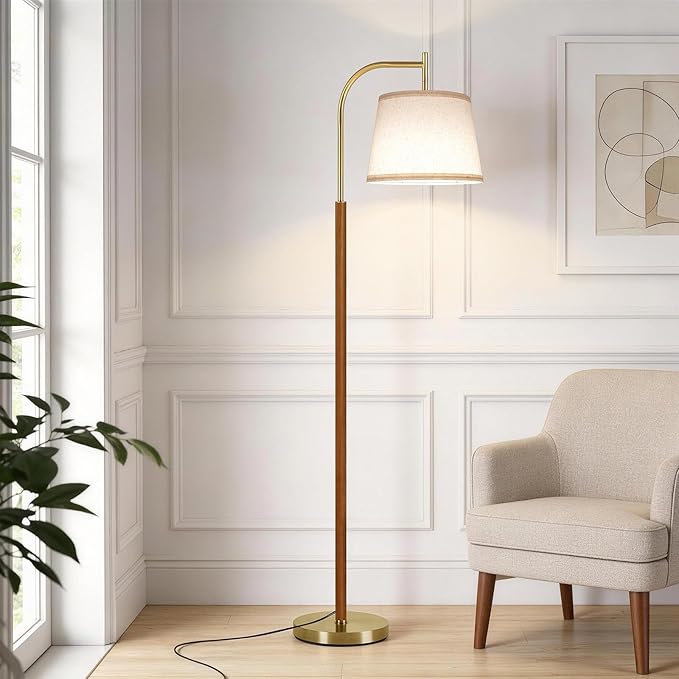 SUNMORY Wood Floor Lamp for Living Room, Mid Century Modern Floor Lamp with 3 Color Temperatures Bulb, Arc Standing Lamp with Adjustable Lampshade, Tall Reading Lamp for Bedroom, Corner, Office