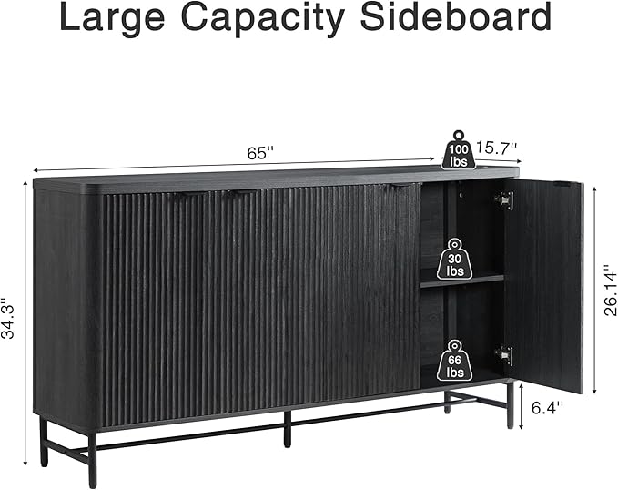 65" Large Sideboard Buffet Cabinet with Storage,Modern Fluted Credenza with Doors & Adjustable Shelves,Accent Coffee Bar/TV Console for Dining Room & Living Room,Black Gray