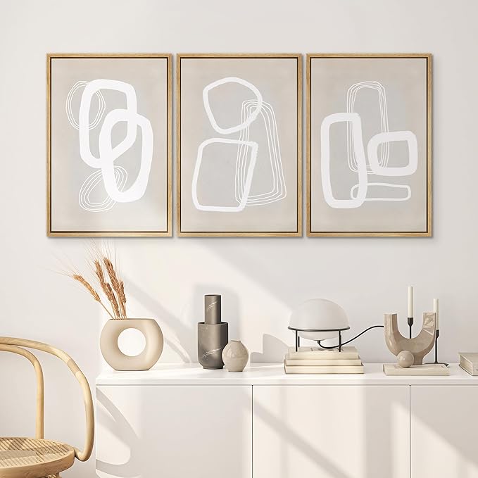 SIGNWIN Framed Canvas Print Wall Art Set, Mid-Century Geometric Polygon Variety Abstract Shapes Cozy Neutral Decorative Contemporary Minimal for Living Room, Bedroom, Office - 16"x24"x3 Natural