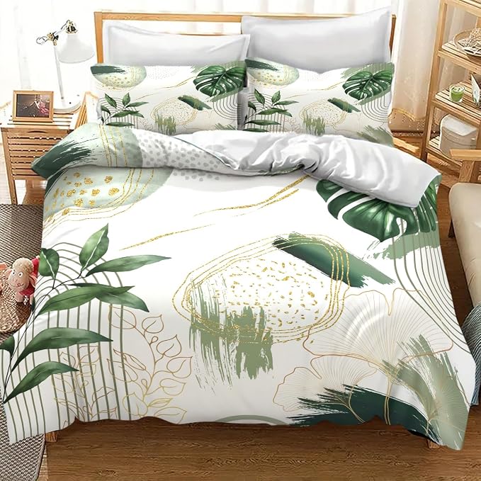 Boho Leaf Bedding Set,Mid Century Palm Tropical Leaf Abstract Geometric Modern Minimalism Green Comforter Set with Pillowcase for Bedroom Bed Decor,Queen 90"x90"