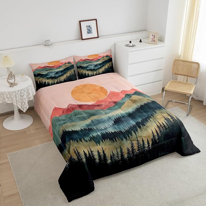 Erosebridal Sunset Mountain Forest Bedding Set King Nature Woodland Landscape Comforter Set for Women Men Adults Aesthetic Pine Tree Scenery Down Comforter Boho Retro Foggy Plants Bed Set