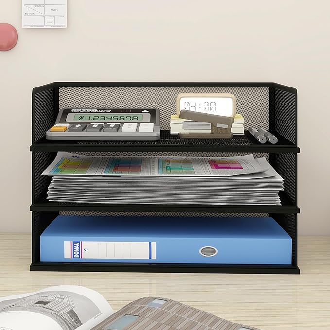 Natwind 3 Tier Letter Trays, File Trays for Desk Stackable,Desktop Paper Organizers for Office Supplies, Metal Mesh File Organizer，Office Organizer，Letter Trays for Home, Office, School，Black