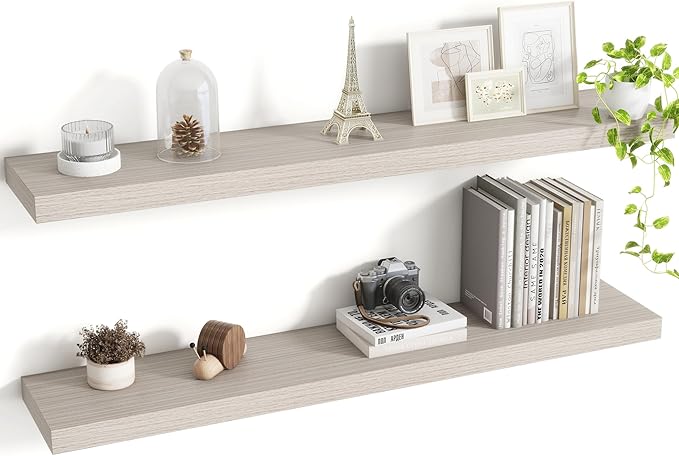 40 Inch Floating Shelves, 8 Inch Deep Floating Shelves for Wall, Hanging Shelf with Invisible Brackets, Deep Shelves for Bathroom, Bedroom, Living Room, Grey, Set of 2