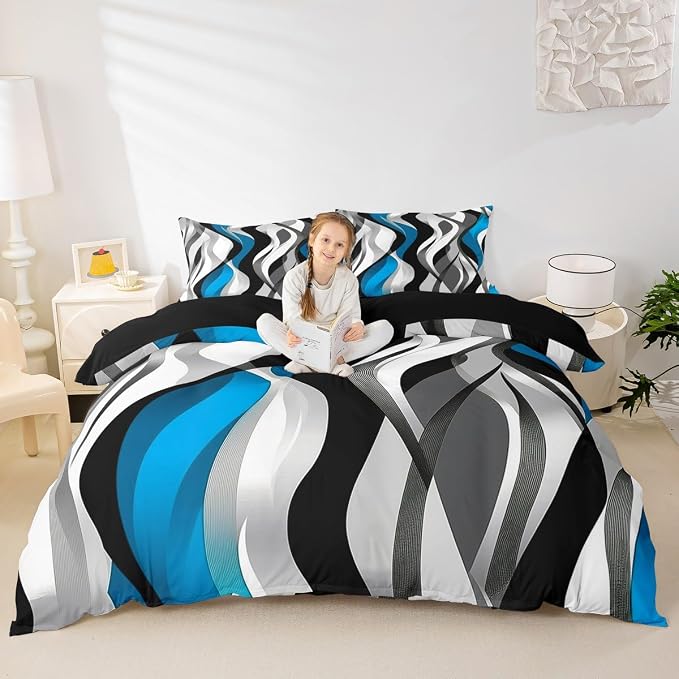 Blue Black Stripes Duvet Cover Set King Size,Abstract Striped Geometric Wave Bedding Set,Boys Girls Room Decor,Contemporary Art Geometric Comforter Cover,Simple Quilt Cover,2 Pillowcases(No Filler)