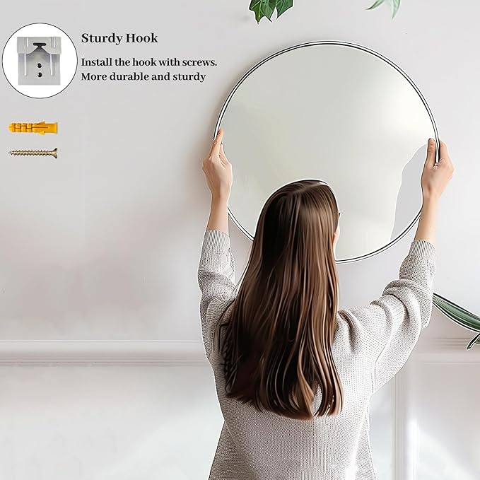 Sunniry Silver Round Mirror 26 inch, Silver Circle Mirror with Brushed Aluminum Frame, Circle Wall Mirrors for Bathroom, Living Room, Hallway, Bedroom.