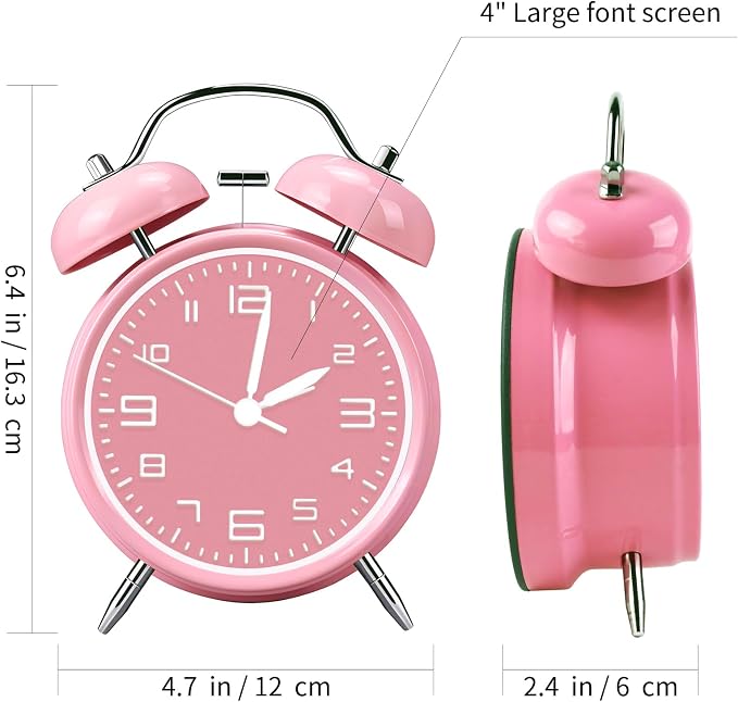 pxy Loud Alarm Clock for Heavy Sleepers 3D Dial Battery Operated (Battery Include), 4" Super Silent Analog Alarm Clock for Kids with Night Light PT260 Silver OrangePT505 Pink