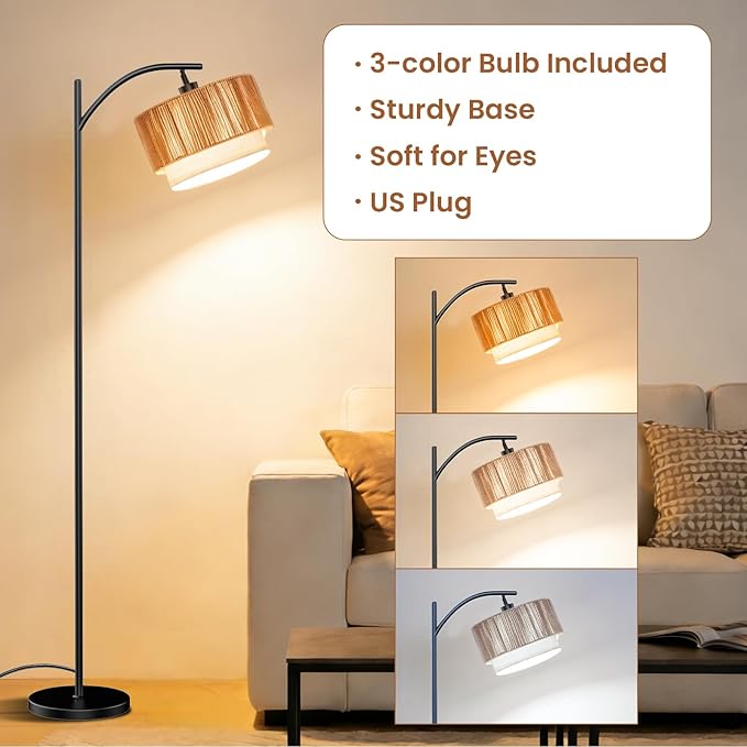 TJOY Floor Lamp for Living Room with 12W LED Bulb, Arc Floor Lamp, 3 Color Temperatures Standing Floor Lamp with Boho Rattan & Fabric Shades for Living Room, Bedroom, Farmhouse, Corner