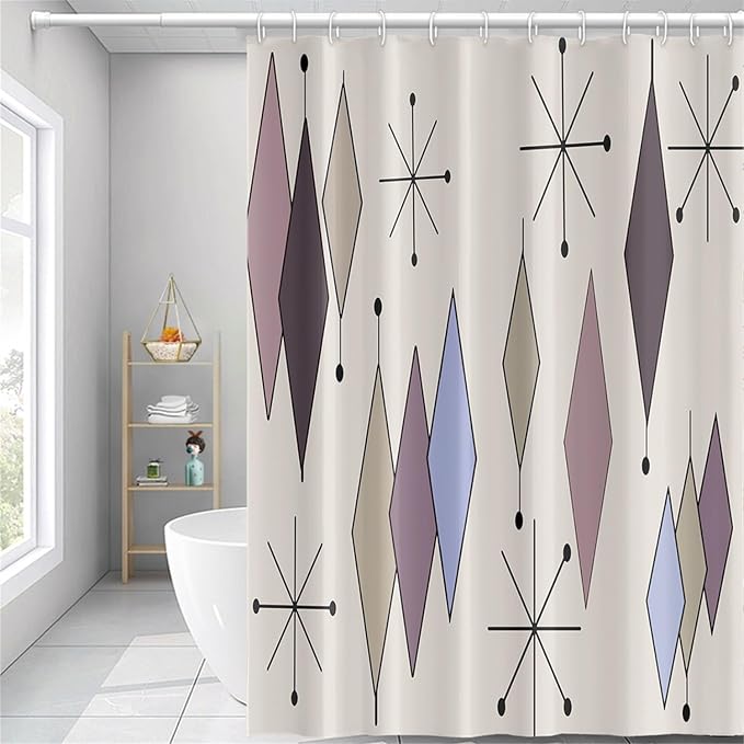 Mid Century Shower Curtain Abstract Purple Diamond Geometric Atomic Starburst Pattern Beige Backdrop for 1950s Retro Bathroom Decor Accessories Shower Curtain Set with 12 Hooks, 48x72 Inches