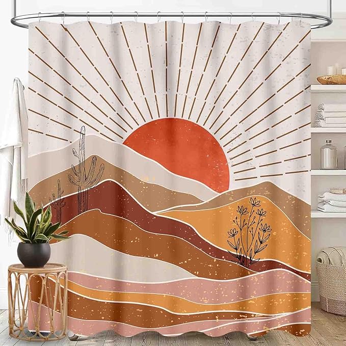 Boho Mountains Shower Curtain, Mid Century Modern Aesthetic Forest Sunset Nature Tropical Palm Leaves Abstract Art Waterproof Fabric Bath Shower Curtain Set with Hooks, 72"x78" Inch