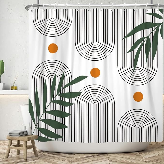 Boho Mid Century Shower Curtain Bohemian Minimalist Geometric Arch Sun Bathroom Curtain Sage Green Plant Polyester Shower Curtain Sets for Bathroom Extra Long 72x72 in with 12 Hooks