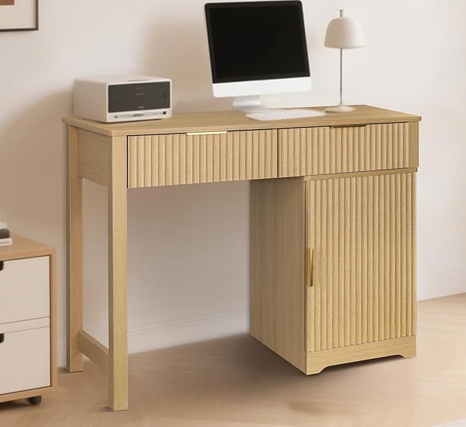 ZYBT 40" Fluted Executive Desk, Modern Wood Home Office Desk with Fluted Drawer & Removable Storage Cabinet and Printer Stand, Farmhouse Computer Writing Table for Work Study, Natural Oak