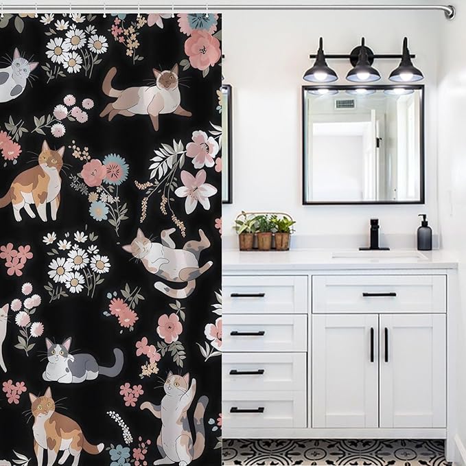 Cat Shower Curtain,Watercolor Black Floral Garden Funny Animals Bathroom Curtain Polyester Waterproof Fabric Decor 72x72in（183x183cm）