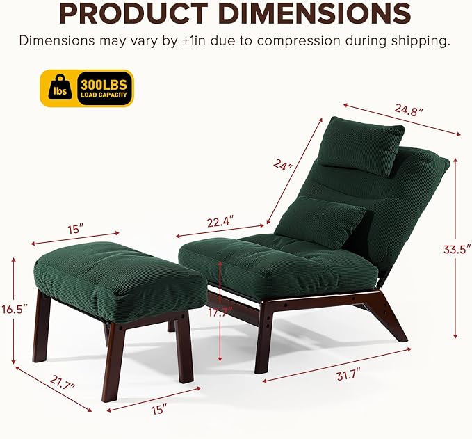 GEMBED Accent Chair with Ottoman Adjustable Backrest, Comfy Lounge Chair Single Sofa with Headrest Lumbar Pillow, Reading Chair with Footrest for Bedroom, Living Room, Green