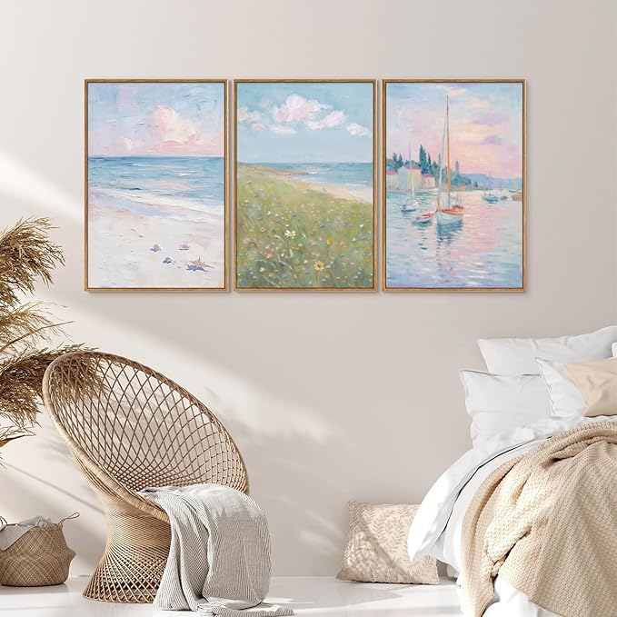 Rantodecor Impressionist Framed Canvas Wall Art, Vintage Italy Coastal Sailboat Wall Decor, Light Blue and White Posters Art Prints, Pastel Beach House Artwork for Bedroom Living Room Office 16"x24"x3