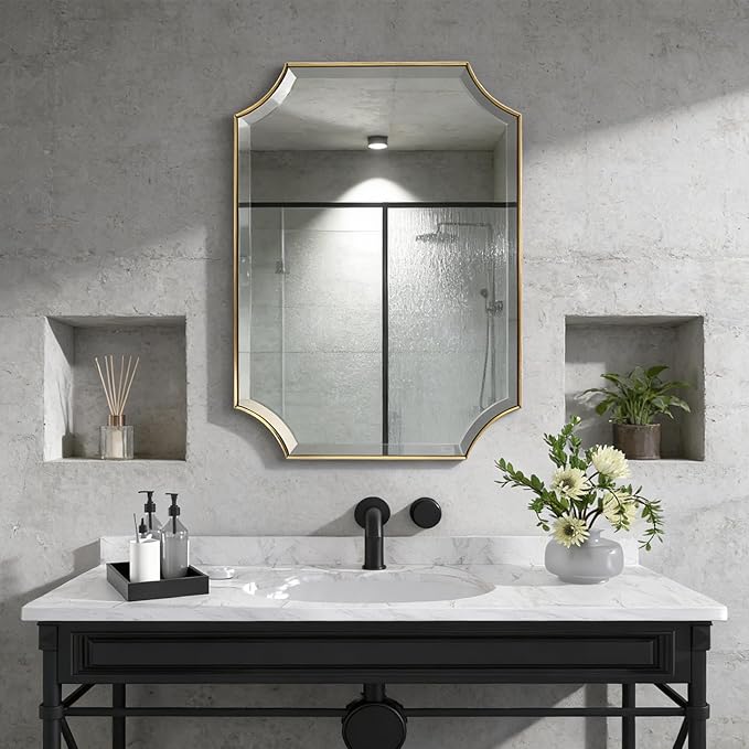 POZINO Beveled Vanity Mirror, 24"x36" Modern Bathroom Mirrors Over Sink, Rounded Rectangle Mirrors with Stainless Steel Frame, Brushed Brass Wall Mirrors for Bedroom Living Room Fireplace Entryway