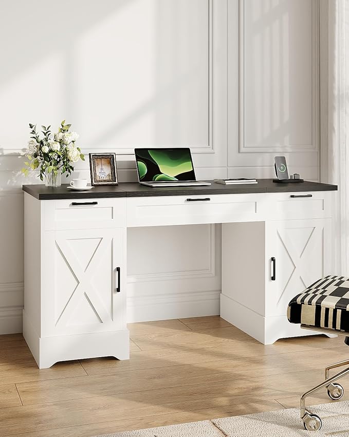 HOPUBUY Farmhouse Executive Desk with File Drawers,Wood Home Office Desk w/Charging Station,Adjustable Storage Cabinets,White Computer Writing Desk for Work,Study