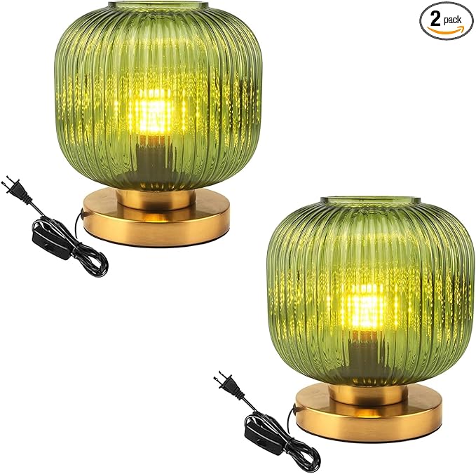 Bedside Table Lamps Set of 2, Mid Century Table Lamp Small Glass Table Lamp Green Glass Nightstand Lamp with Metal Base, Gold Globe Desk Lamp End Table Lamps for Bedroom Living Room Office
