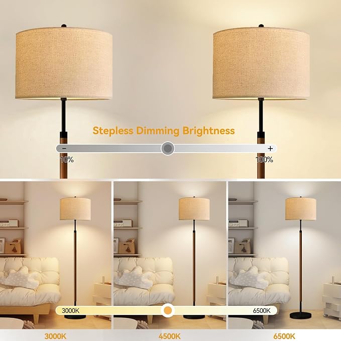 ILLMTW Wood Floor Lamp for Living Room,Bedroom,Vintage Mid Century Modern Standing Lamp with Remote Dimmable,Boho Black Tall Lamp Fabric Lamp Shade Floor Lights Bohemian Tiffany Style