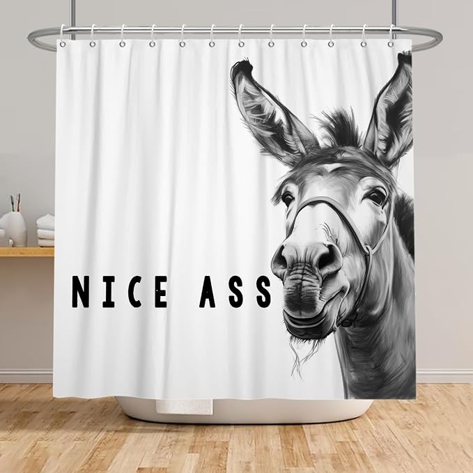 Funny Donkey Shower Curtains Joke Hilarious Animal Bathroom Curtain Rustic Farmhouse Cute Donkey White Shower Curtain Sets for Bathroom Extra Long 60x72 in with 10 Hooks