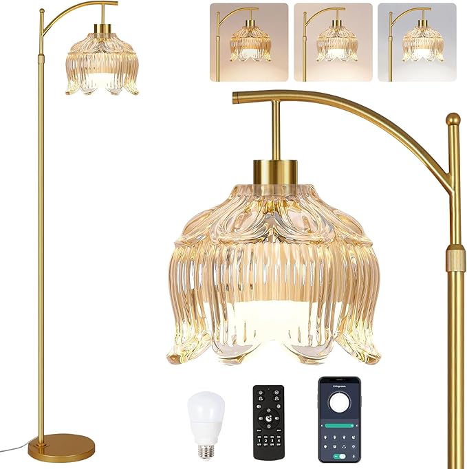 Flower Floor Lamp for Living Room,Bedroom,Gold Dimmable Standing Lamp with Remote,Glass Mid Century Modern Brass Tall Lamp Boho Floor Lamps Arc Stained Floor Light Lamp Bohemian