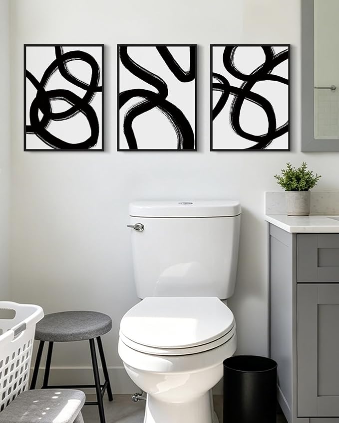 KUVIOKE Black and Grey Abstract Framed Wall Art Ink Wash Minimalist Lines Painting Artwork for Bedroom Hallway 12x16in (Black Framed)