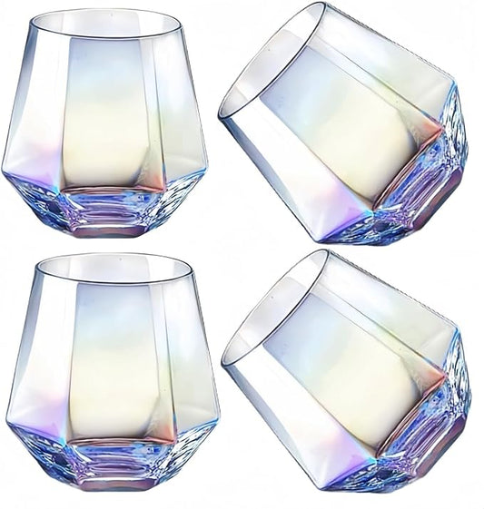 Stemless Wine Glasses Set of 4, 10 Oz Iridescent Glassware Modern Rainbow Wine Glass Colored Tumblers for Red Wine, Cocktail, Whiskey, Bourbon, Gift for Wine Lovers