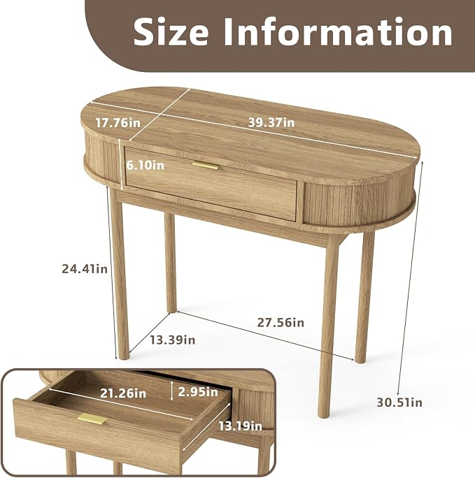 SoarFlash 39 Inch Small Computer Desk with Drawer, Mid-Century Modern Writing Desk with Solid Wood Legs - Compact Home Office Desk & Makeup Vanity for Small Space, Bedroom Study Table in Brown